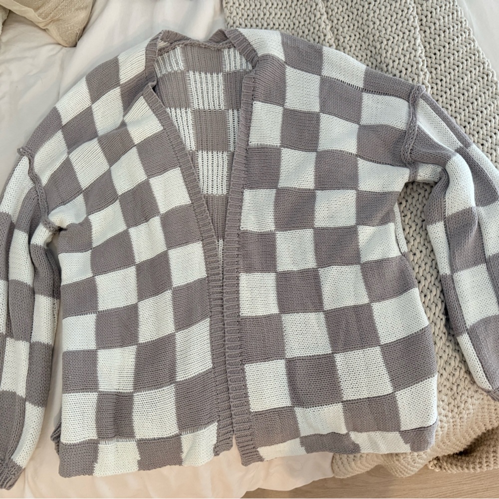 Checkered Gray and White Cardigan